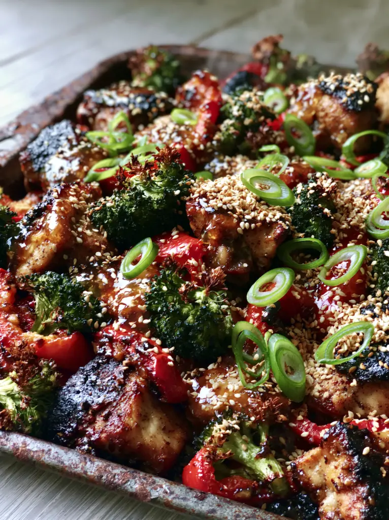 Lazy Dinners: One-Pan Honey Garlic Chicken with Charred Broccoli 2 Close-up of seared chicken chunks and forest-green broccoli with charred tips. (Lazy Dinners)