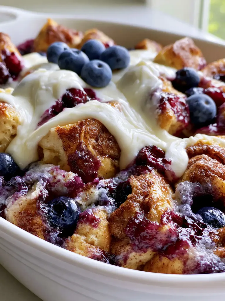 Close-up of golden-brown cinnamon roll pieces and bursting blueberries with pooled cream cheese icing. (blueberry cinnamon roll casserole)