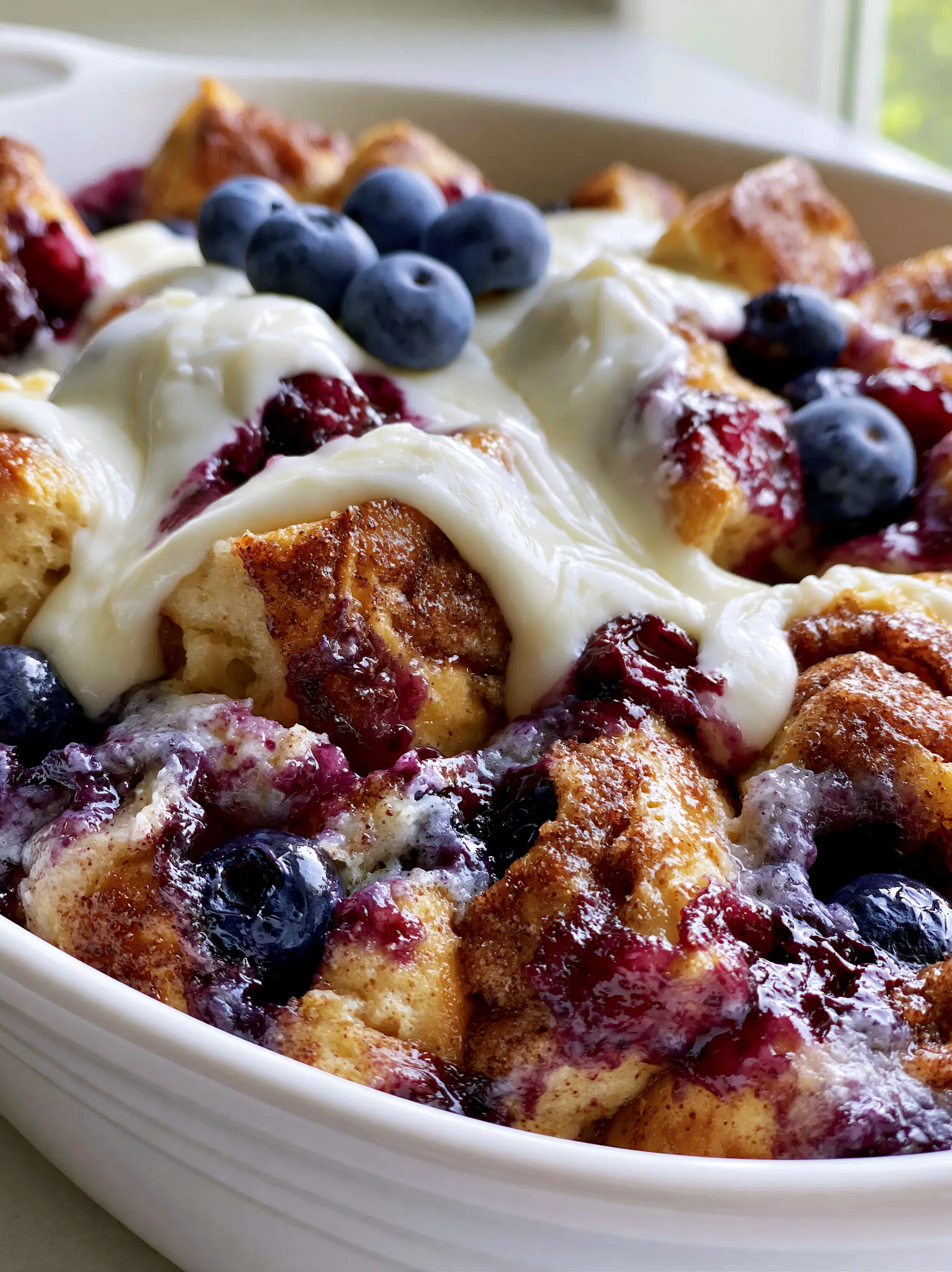 Blueberry Cinnamon Roll Casserole: The Ultimate Gooey Weekend Brunch Bake 3 Close-up of golden-brown cinnamon roll pieces and bursting blueberries with pooled cream cheese icing. (blueberry cinnamon roll casserole)