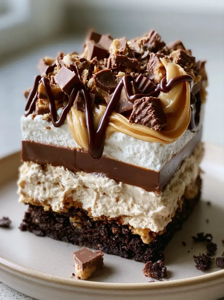 Side view of a peanut butter lasagna slice with dark chocolate pudding and white whipped cream. (no-bake peanut butter lasagna)