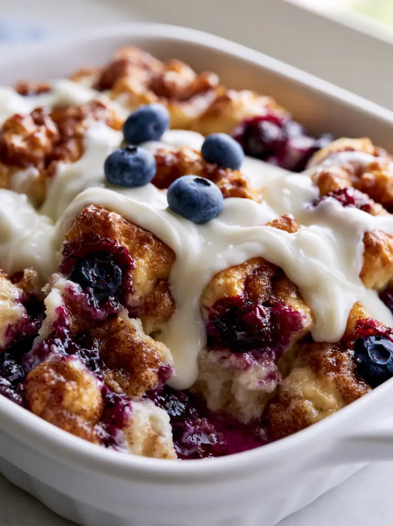 Blueberry Cinnamon Roll Casserole: The Ultimate Gooey Weekend Brunch Bake 1 A handheld smartphone photo showing the thick icing dripping into the crevices of the blueberry cinnamon roll casserole.