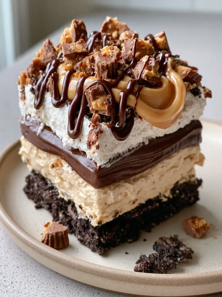 No-Bake Peanut Butter Lasagna with Rich Chocolate Pudding 1 Close-up of jagged Reese's chunks and melted peanut butter drizzle on top of no-bake peanut butter lasagna.