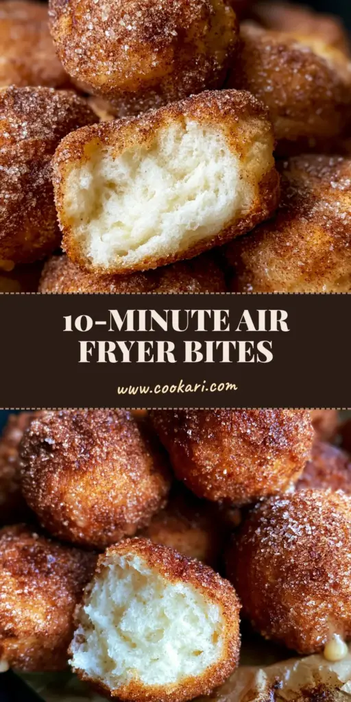 Cinnamon Sugar Biscuit Bites (Air Fried & Pillowy) 4 A towering pile of shimmering cinnamon sugar biscuit bites on brown parchment paper with a torn bite showing a fluffy white interior.