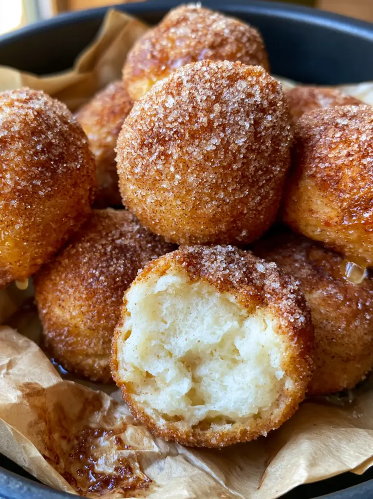 Macro view of cinnamon sugar biscuit bites inside a black air fryer basket showing individual sugar crystals.