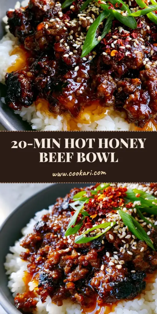 Hot Honey Ground Beef Bowl with Crispy Charred Edges 4 Overhead close-up of a hot honey ground beef bowl with glistening amber glaze and green scallions on a charcoal ceramic plate.
