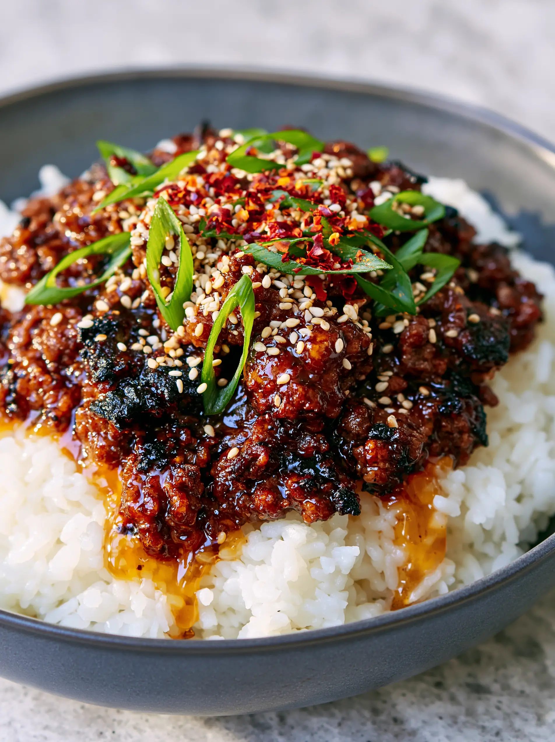 Hot Honey Ground Beef Bowl with Crispy Charred Edges 3 Extreme close-up of seared ground beef with a thick hot honey glaze dripping into white jasmine rice. (hot honey ground beef bowl)