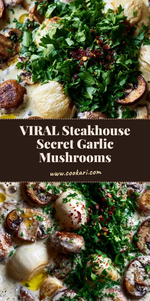 Sides for steak: Creamy Roasted Garlic Butter Mushrooms in a Cast Iron Skillet 4 A top-down macro shot of a cast iron skillet with seared cremini and button mushrooms in a thick garlic cream sauce. (sides for steak)