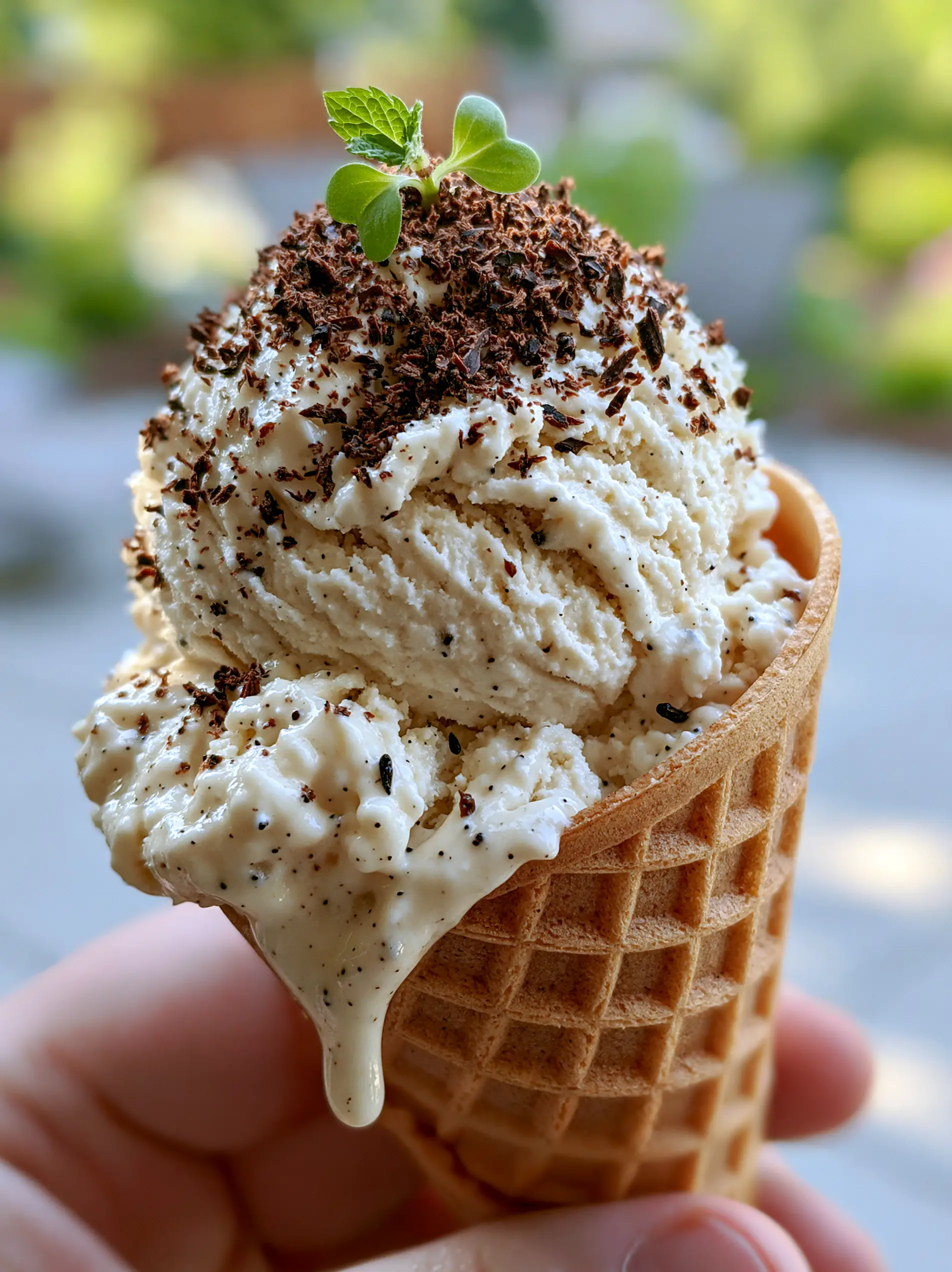 Eiscreme Rezepte: The Ultimate Velvet Vanilla Bean and Dark Chocolate Waffle Cone 3 Close up handheld photo of creamy vanilla ice cream showing soft ripples and vanilla specks. (Eiscreme Rezepte)