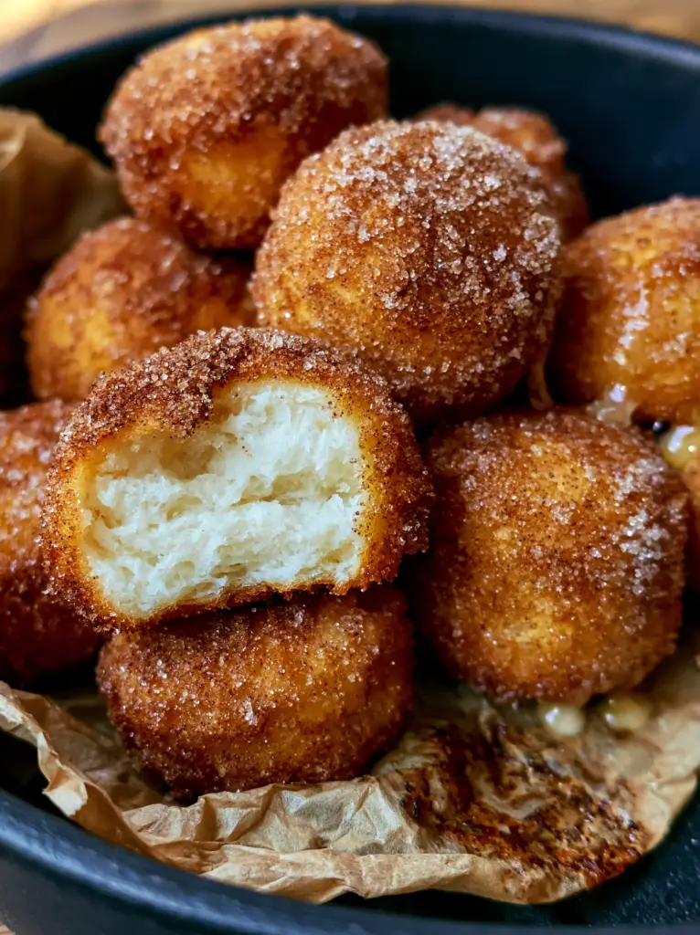 Cinnamon Sugar Biscuit Bites (Air Fried & Pillowy) 1 Close up of a pile of golden-brown air-fried biscuit bites with glistening butter and steaming fluffy interior.