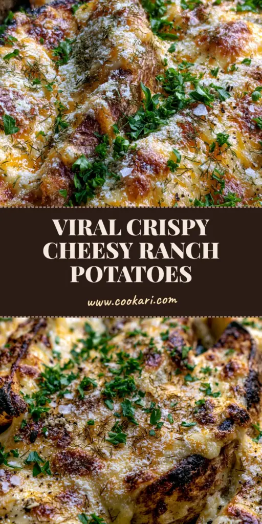 Cheesy Ranch Potatoes with Crispy Roasted Wedges and Melted Cheddar 5 A top-down view of cheesy ranch potatoes on a rustic sheet pan with bubbling cheese and fresh herbs.
