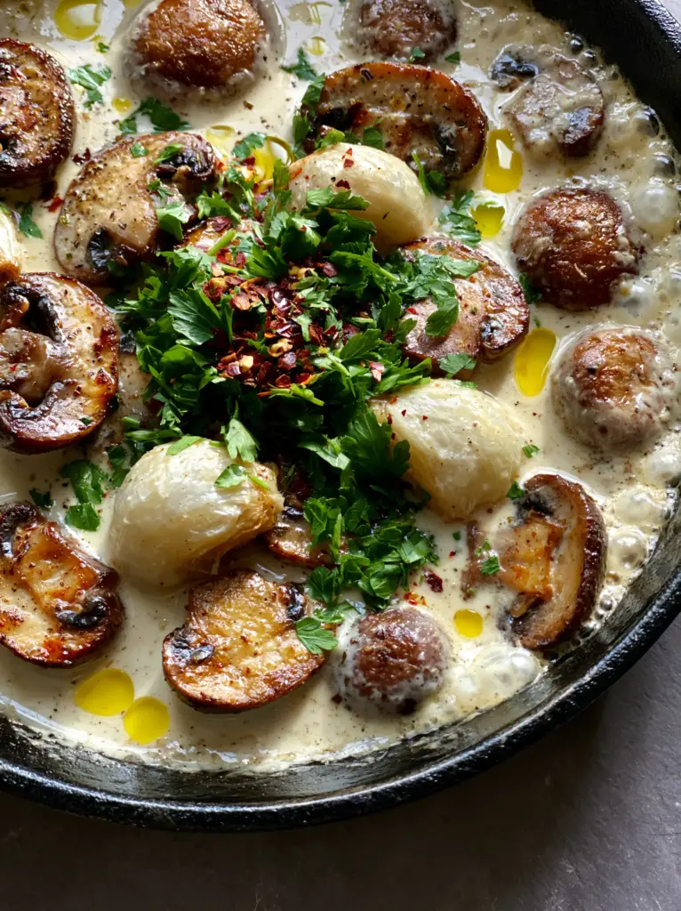 Sides for steak: Creamy Roasted Garlic Butter Mushrooms in a Cast Iron Skillet 2 Close-up of bubbling white garlic cream sauce and golden-brown mushrooms in a cast iron skillet. (sides for steak)