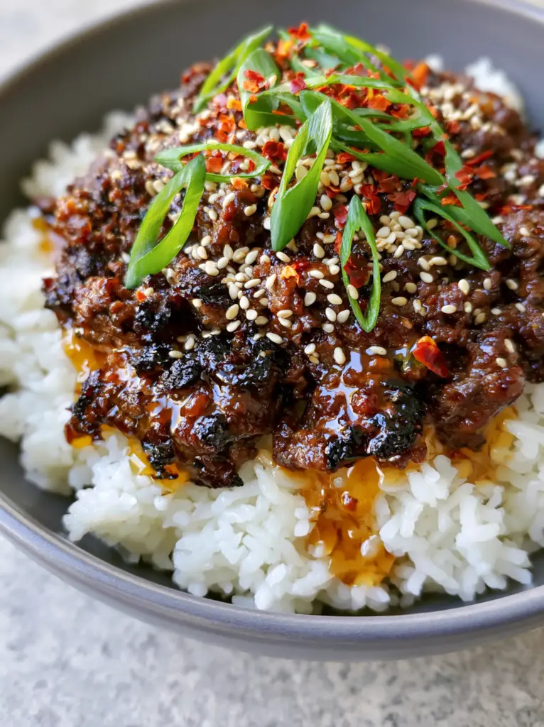 Hot Honey Ground Beef Bowl with Crispy Charred Edges 1 A minimalist overhead view of a hot honey ground beef bowl garnished with sesame seeds and diagonal-cut scallions.