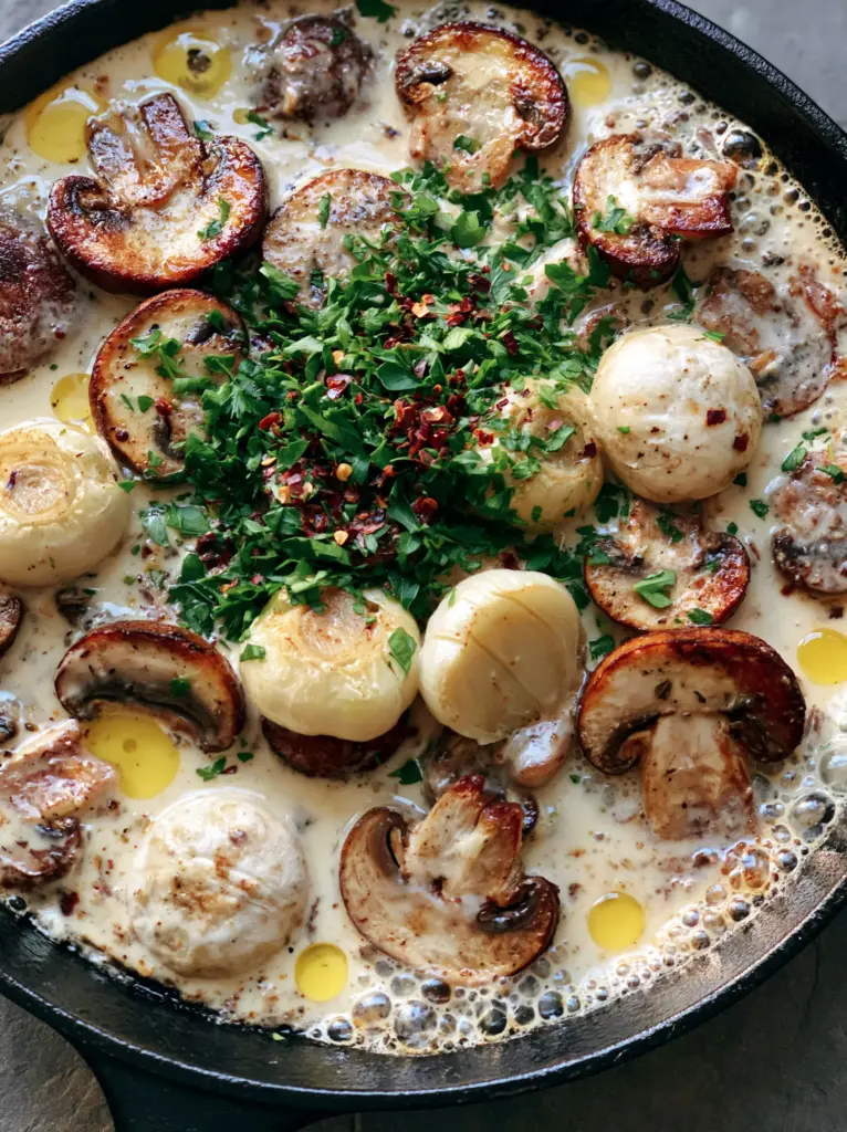 Sides for steak: Creamy Roasted Garlic Butter Mushrooms in a Cast Iron Skillet 1 Fresh parsley and red pepper flakes garnish on top of creamy roasted garlic mushrooms in a skillet.