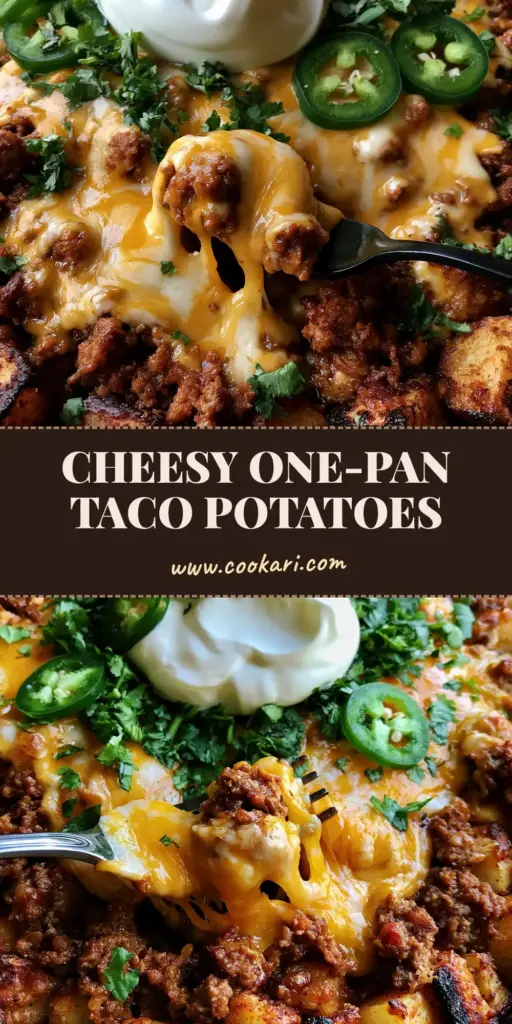 Cheesy Taco Potatoes: The Ultimate Crispy Cast Iron Skillet Dinner 3 A rustic cast iron skillet filled with crispy golden-browned cubed potatoes, seasoned taco beef, and a thick blanket of bubbling melted cheddar and Monterey Jack cheese, topped with sour cream, cilantro, and jalapenos. (cheesy taco potatoes)