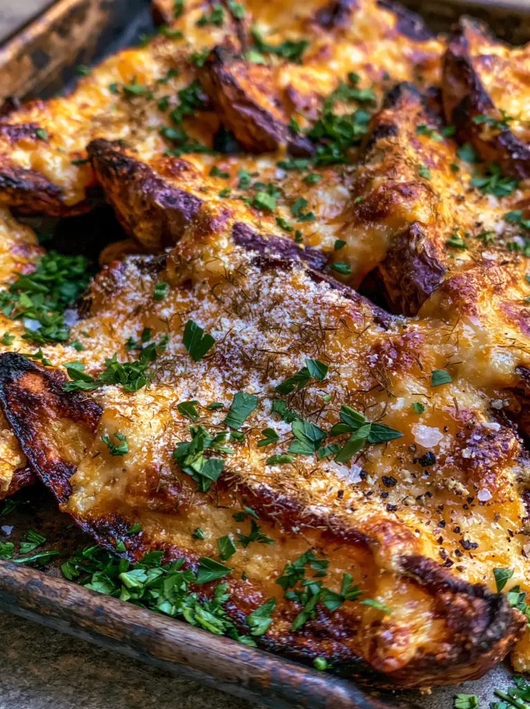 Cheesy Ranch Potatoes with Crispy Roasted Wedges and Melted Cheddar 1 Close-up of roasted russet potato wedges dusted with ranch seasoning and fresh parsley.