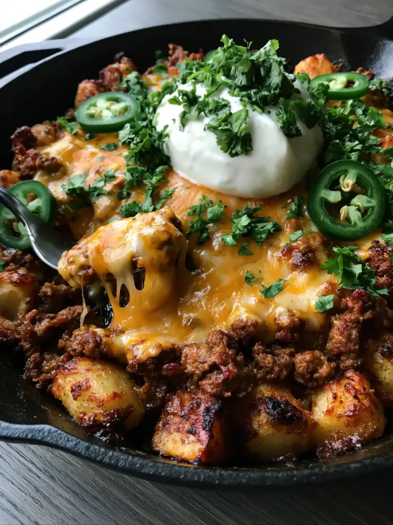 Close-up of cheesy taco potatoes showing charred potato edges and a gooey cheese pull being lifted by a fork in a dark cast iron pan. (cheesy taco potatoes)