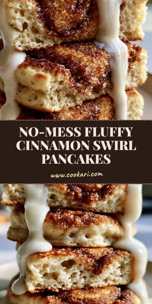 Cinnamon Swirl Pancakes: The Ultimate Fluffy Buttermilk Guide 4 A tall stack of three exceptionally thick cinnamon swirl pancakes with a deep mahogany spiral and cascading white cream cheese glaze. (cinnamon swirl pancakes)