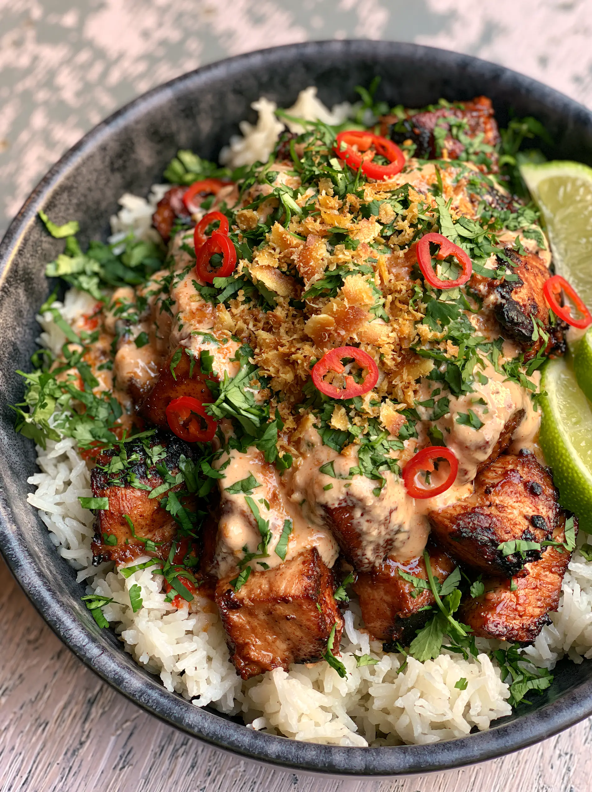 Coconut Chicken Rice Bowl with Charred Chicken and Glossy Sauce 3 Close-up of charred golden-brown chicken breast cubes for a Coconut Chicken Rice Bowl.