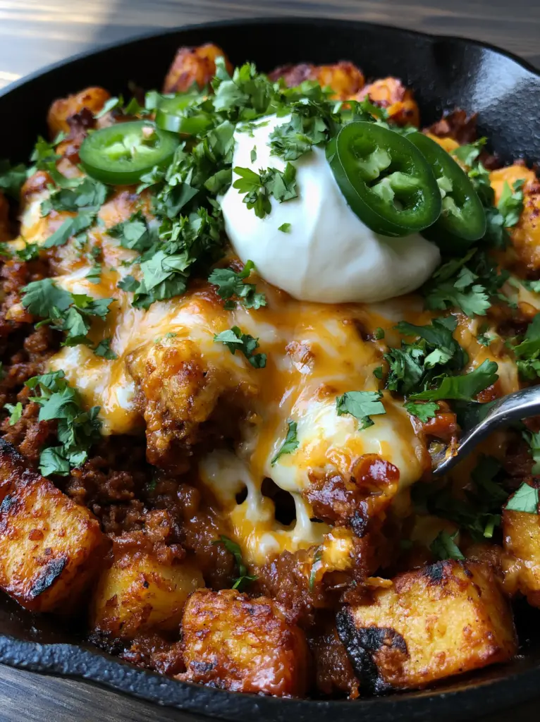 Cheesy Taco Potatoes: The Ultimate Crispy Cast Iron Skillet Dinner 1 Overhead view of cheesy taco potatoes in a skillet with fresh cilantro, bright green jalapenos, and lime wedges on a dark wood background.