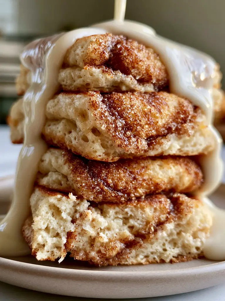 Extreme close-up showing the airy pancake crumb and glistening cinnamon sugar crystals. (cinnamon swirl pancakes)