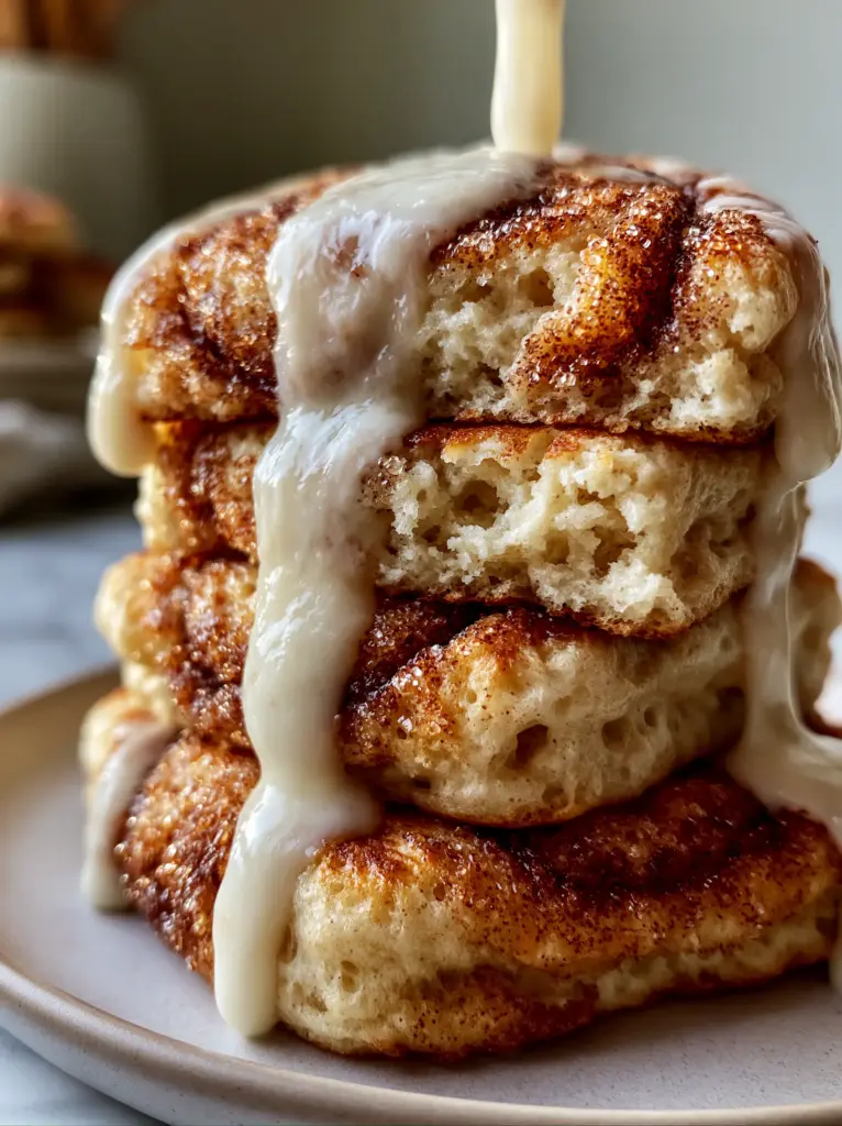 Cinnamon Swirl Pancakes: The Ultimate Fluffy Buttermilk Guide 1 Thick cream cheese glaze cascading down a stack of golden-brown pancakes. (cinnamon swirl pancakes)