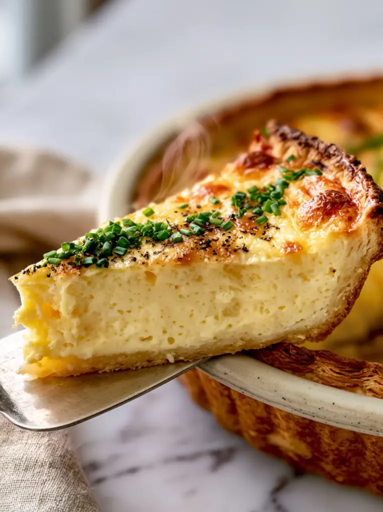 Macro side profile of quiche showing tiny air bubbles in the egg custard and a deep golden-brown crust. (basic quiche recipe)