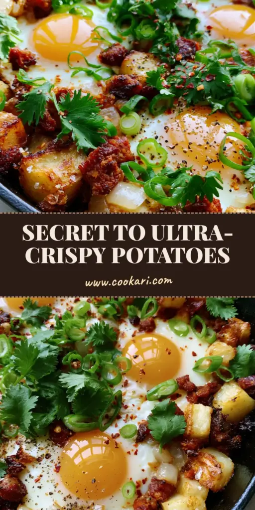 Breakfast Skillet Recipe with Crispy Potatoes and Spicy Chorizo 4 A top-down view of a cast iron breakfast skillet recipe featuring golden potatoes, chorizo, and sunny-side-up eggs.