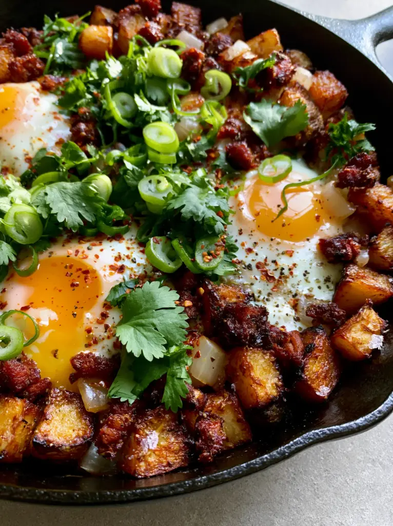 Close-up of crispy cubed potatoes and runny egg yolks in a breakfast skillet recipe.