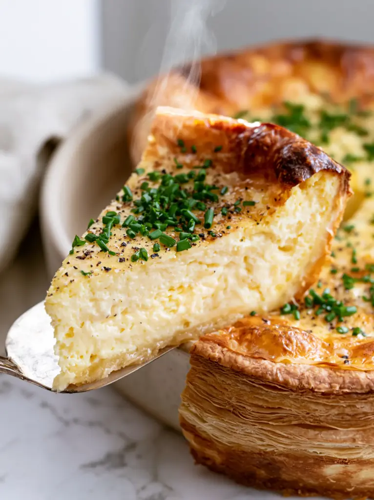 Basic Quiche Recipe: The Ultimate Guide to Flaky Crust and Fluffy Custard 1 A close up of the top of the quiche with melted gruyere bubbles, minced chives, and cracked black pepper.