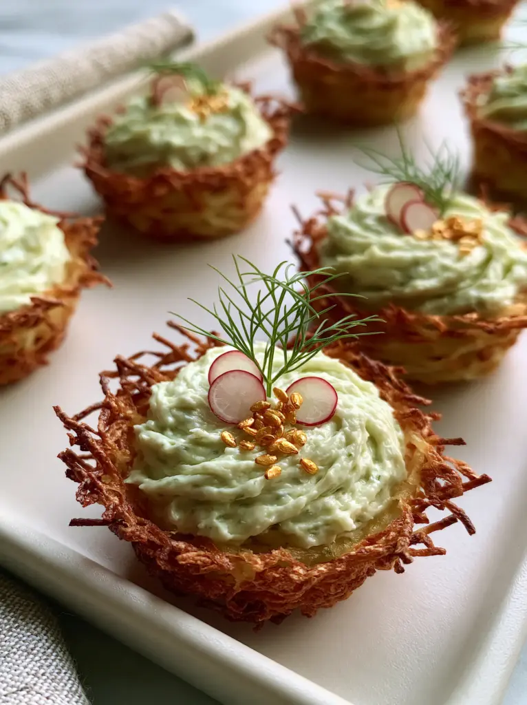 Easter Finger Foods: Crispy Hashbrown Bird Nests with Herbed Cream Cheese 1 A handheld shot of mini hashbrown nests filled with pale green cream cheese and radishes.