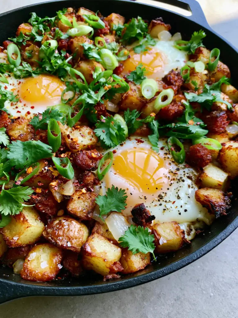 Breakfast Skillet Recipe with Crispy Potatoes and Spicy Chorizo 1 Detail shot of rendered spicy chorizo and fresh scallions in a breakfast skillet recipe.