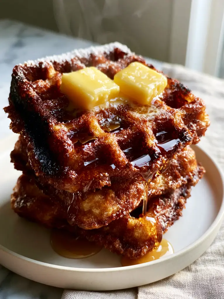 Close-up of golden-brown waffles with charred crispy edges and a fine dusting of powdered sugar. (homemade waffles recipe)