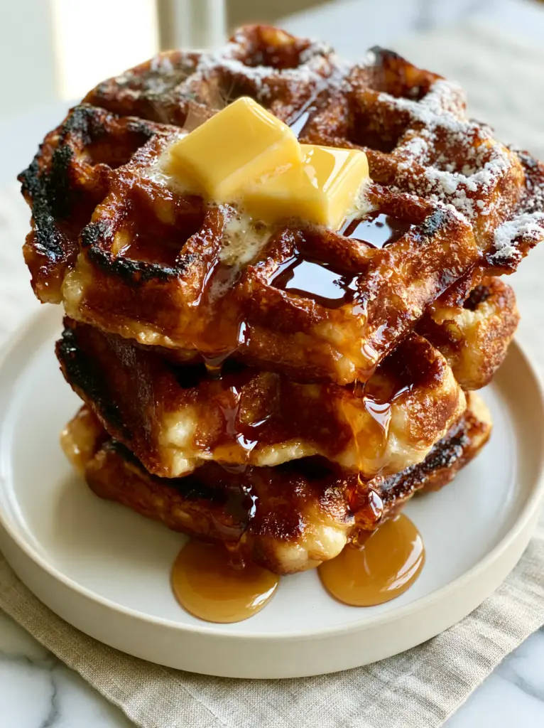 Homemade Waffles Recipe: How to Achieve Crispy Golden Perfection 1 Macro view of melting salted butter cubes and glossy amber maple syrup inside waffle pockets.