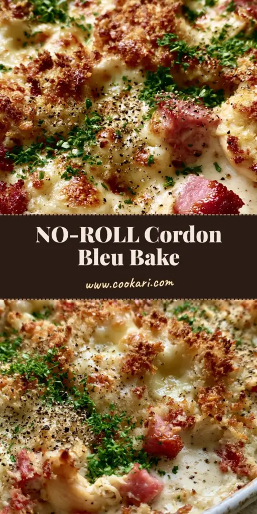 Chicken Cordon Bleu Casserole with Golden Panko and Bubbling Swiss 4 A close-up shot of bubbling Chicken Cordon Bleu Casserole in a white dish with golden panko and fresh parsley.