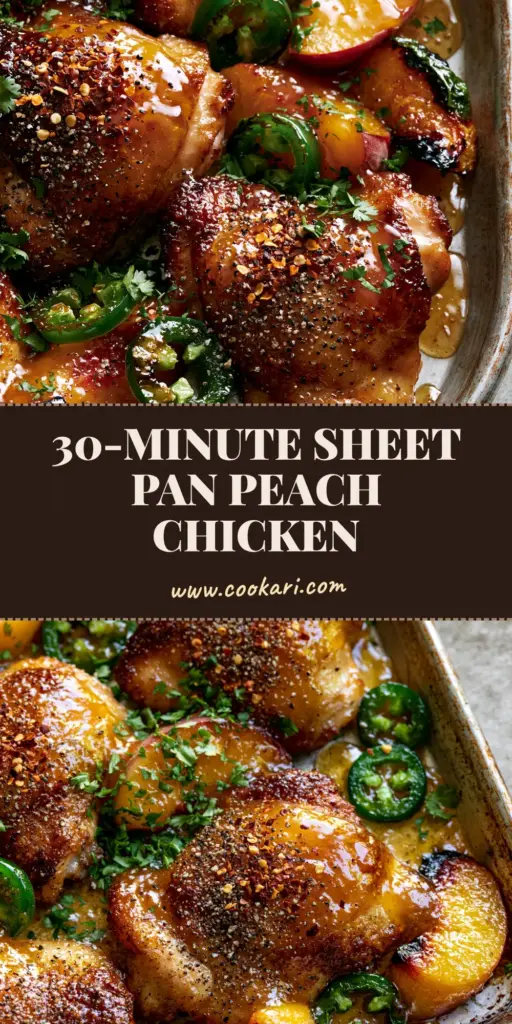 Jalapeño Peach Chicken: The Ultimate Sweet and Spicy Sheet Pan Dinner 4 A rustic aluminum sheet pan filled with seared skin-on chicken thighs, caramelized peach wedges, and blistered jalapeño rings, all coated in a glossy amber glaze. (Jalapeño Peach Chicken)