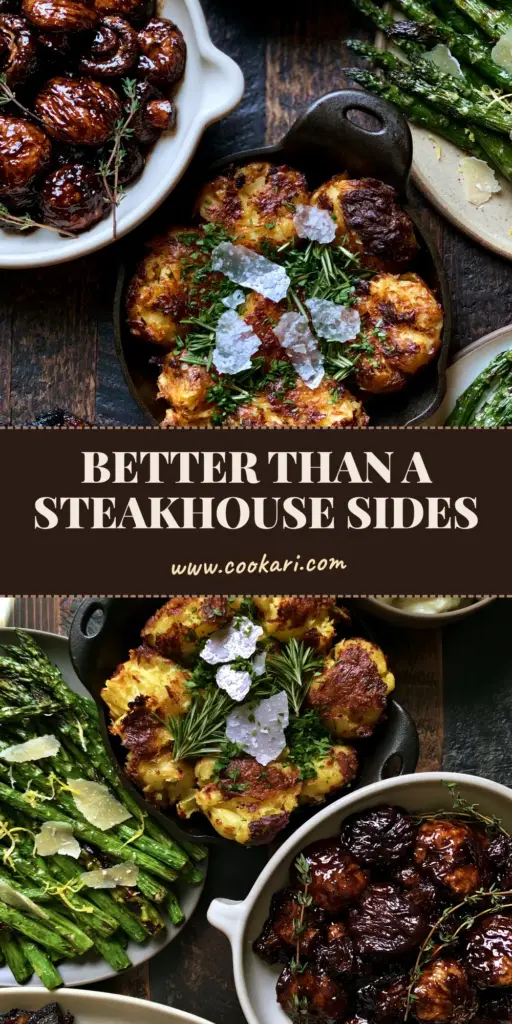 Side Dishes for Steak: The Ultimate Gourmet Steakhouse Spread 3 A luxury spread of side dishes for steak including smashed potatoes, balsamic mushrooms, and charred asparagus on a dark wood table.