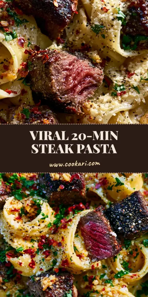 Cowboy Butter Steak Pasta with Seared Ribeye and Pappardelle 4 A rustic cast iron skillet filled with Cowboy Butter Steak Pasta, featuring seared ribeye cubes and golden pappardelle ribbons. (Cowboy Butter Steak Pasta)