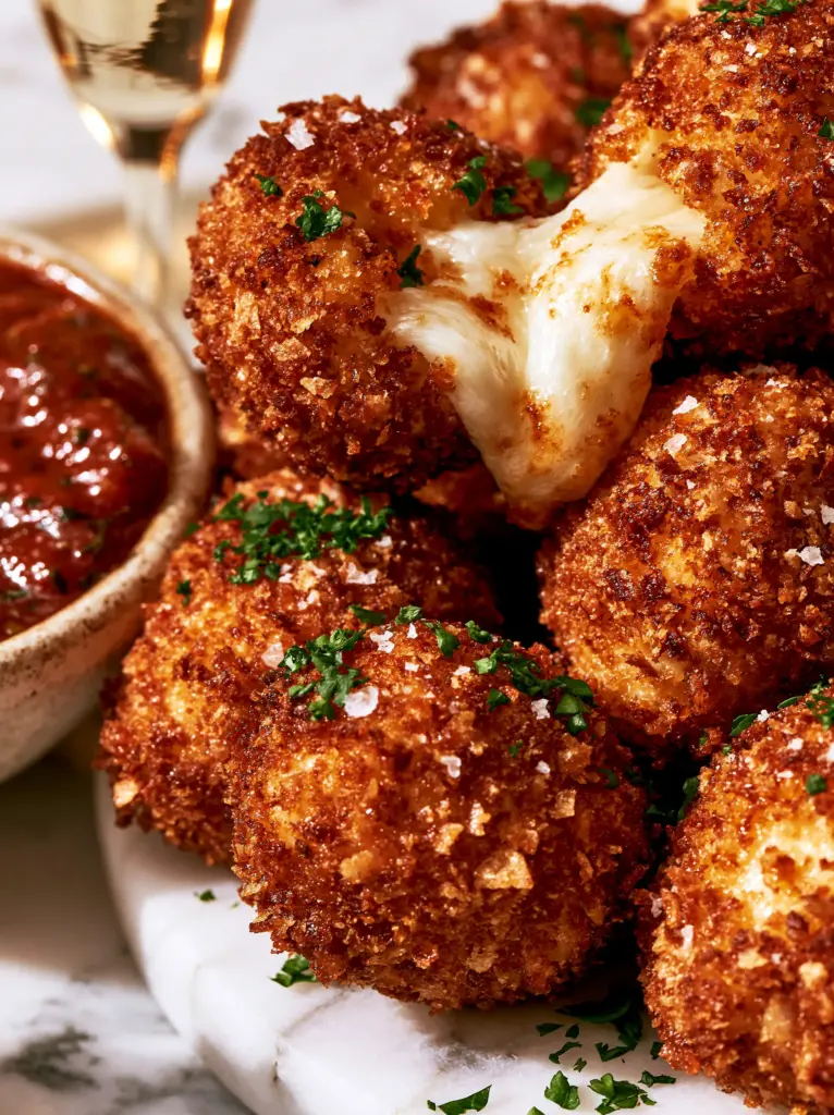 New Year's Eve Snacks: Golden Panko Mozzarella Bites and Arancini 1 Close up of jagged panko texture on golden brown arancini and cheese bites.