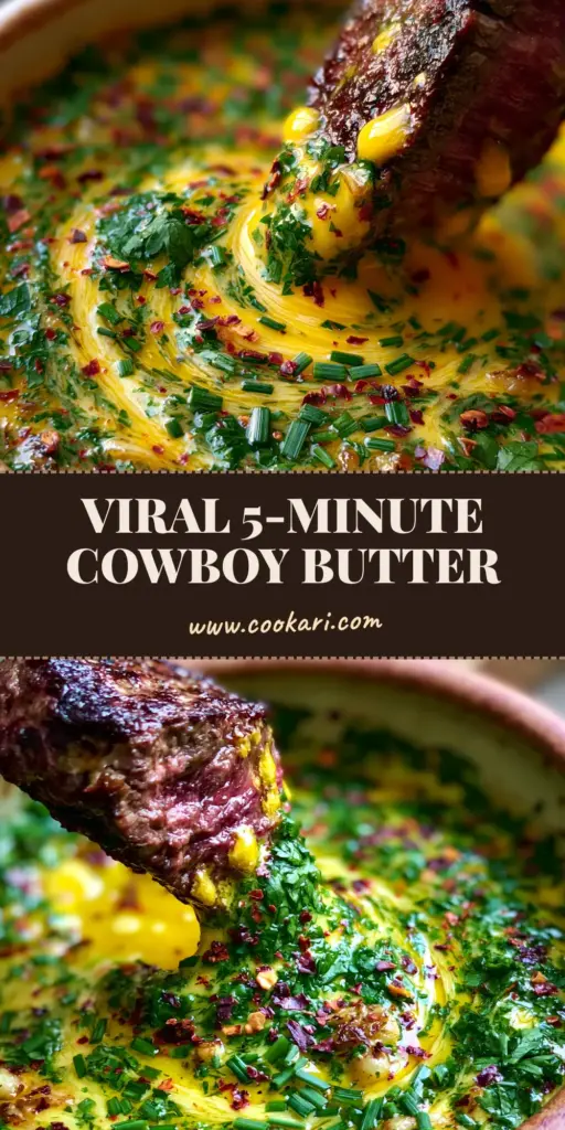 Cowboy Butter Sauce: The Ultimate Bold and Zesty Dipping Sauce for Steak 4 A slice of charred medium-rare ribeye steak being dipped into a rustic bowl of golden yellow Cowboy Butter Sauce with visible herbs and garlic. (Cowboy Butter Sauce)