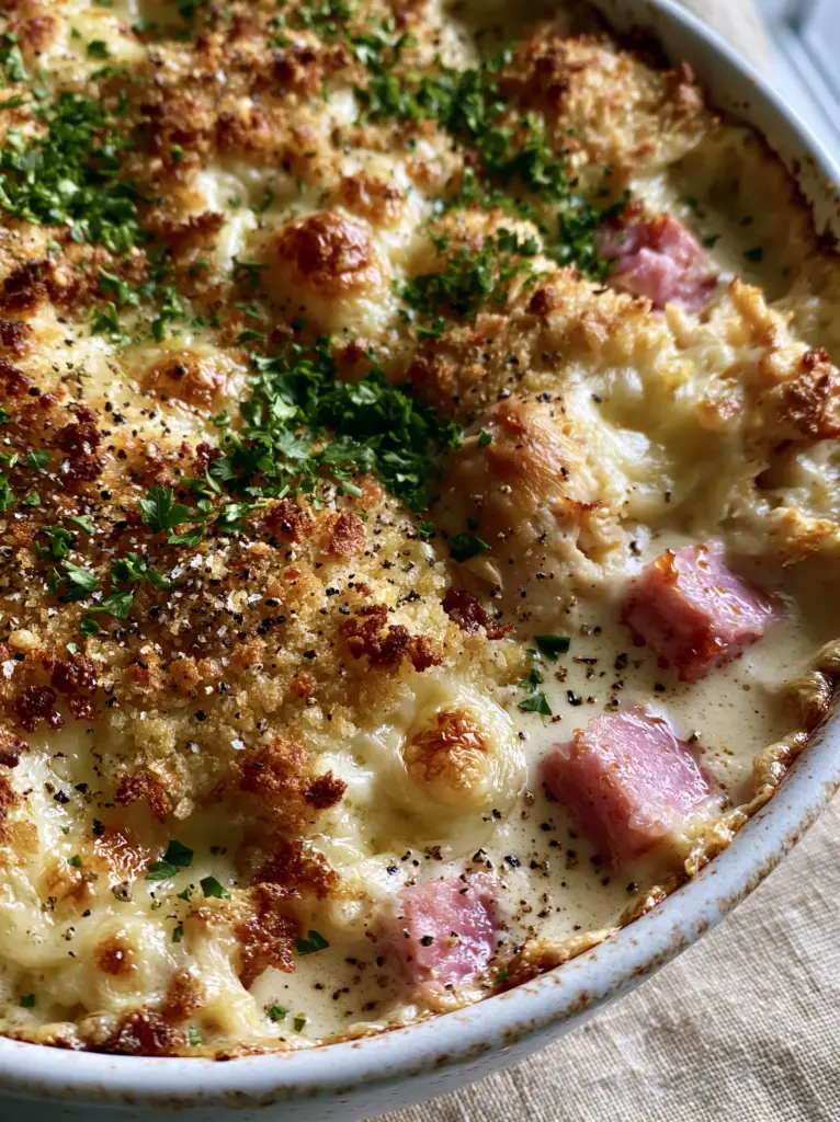 Chicken Cordon Bleu Casserole with Golden Panko and Bubbling Swiss 1 Slightly angled shot of a white ceramic dish filled with creamy chicken, ham, and a thick panko topping.