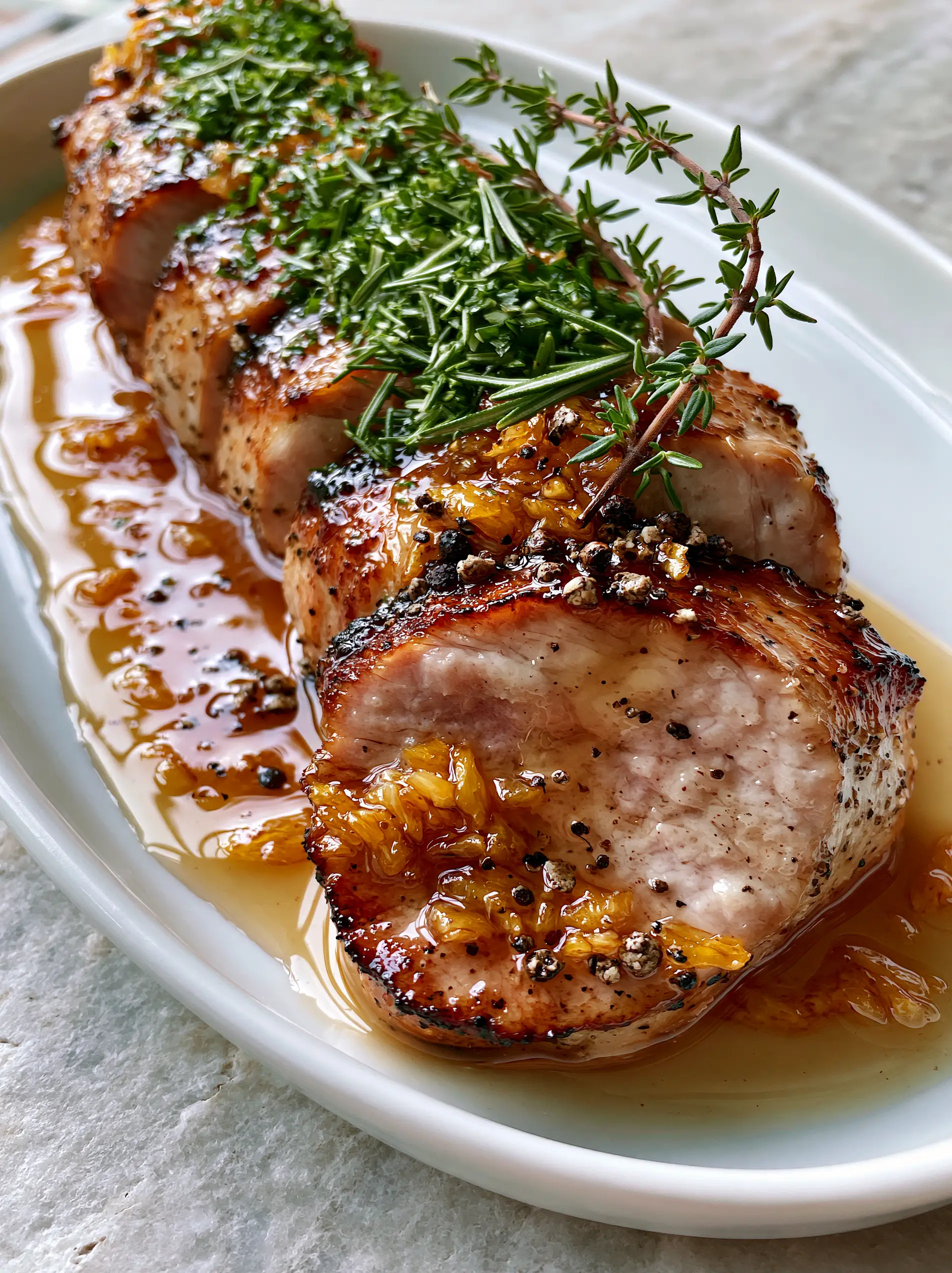 Pork tenderloin dinner with Honey Garlic Butter and Fresh Rosemary 3 A close up of a pork tenderloin dinner showing the viscous syrupy honey glaze and cracked peppercorns.