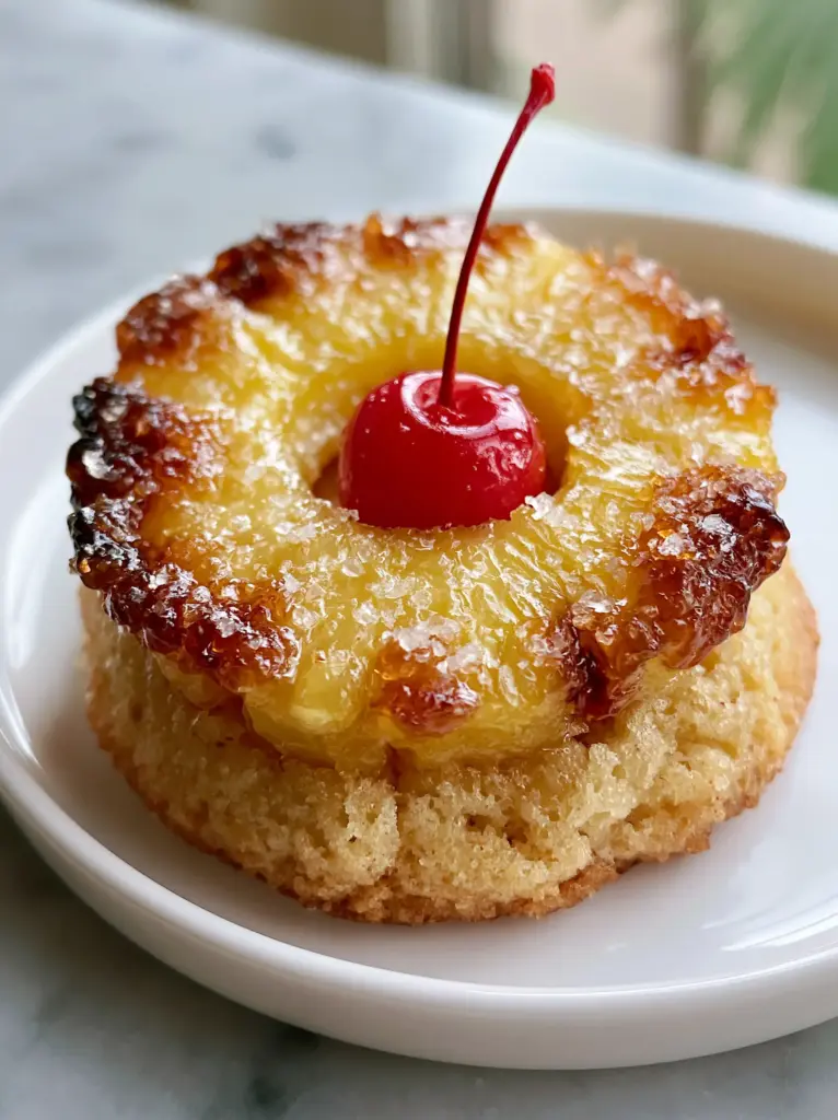 Pineapple Upside Down Sugar Cookies with Caramelized Edges 1 Side view of a thick, buttery sugar cookie base topped with a golden caramelized pineapple ring and a bright red cherry.