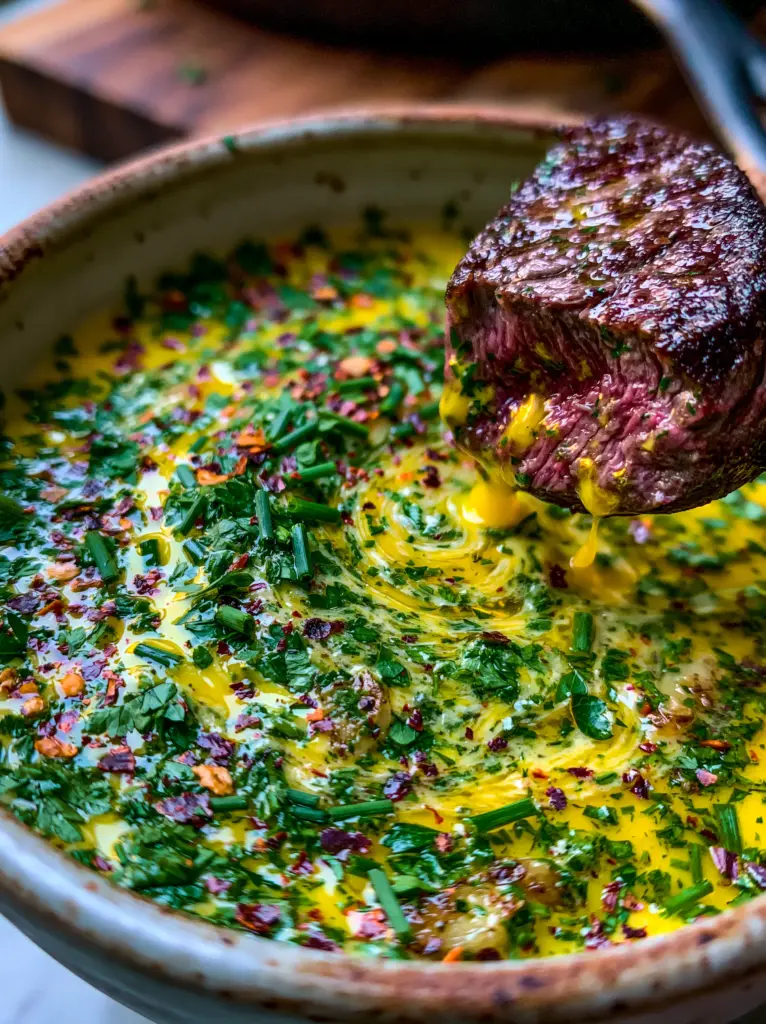 Close-up of Cowboy Butter Sauce in a ceramic bowl showing red pepper flakes, fresh parsley, and minced garlic bits. (Cowboy Butter Sauce)