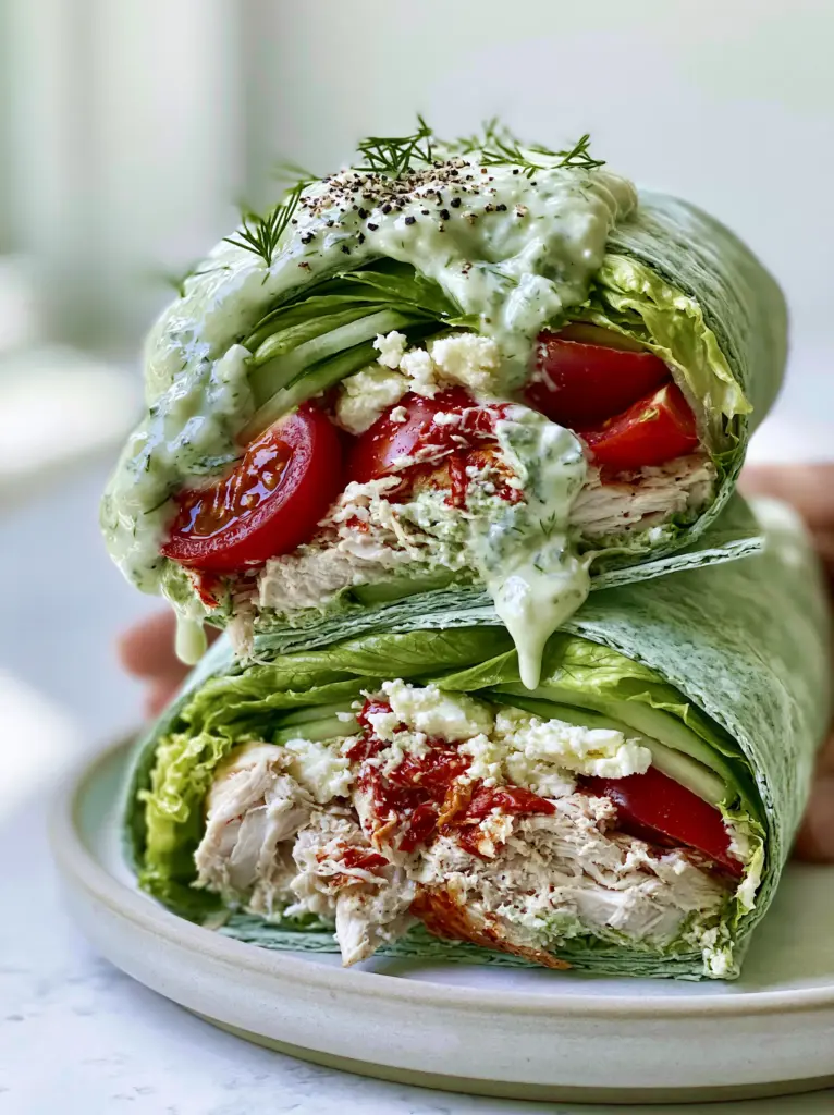 Handheld photo of a spinach wrap with chicken, feta, and tzatziki. (summer dinner ideas)