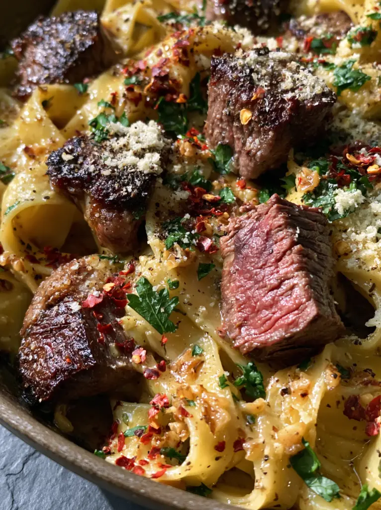 Cowboy Butter Steak Pasta with Seared Ribeye and Pappardelle 1 Extreme macro of golden garlic butter sauce flecked with parsley and red chili flakes on wide pasta ribbons. (Cowboy Butter Steak Pasta)