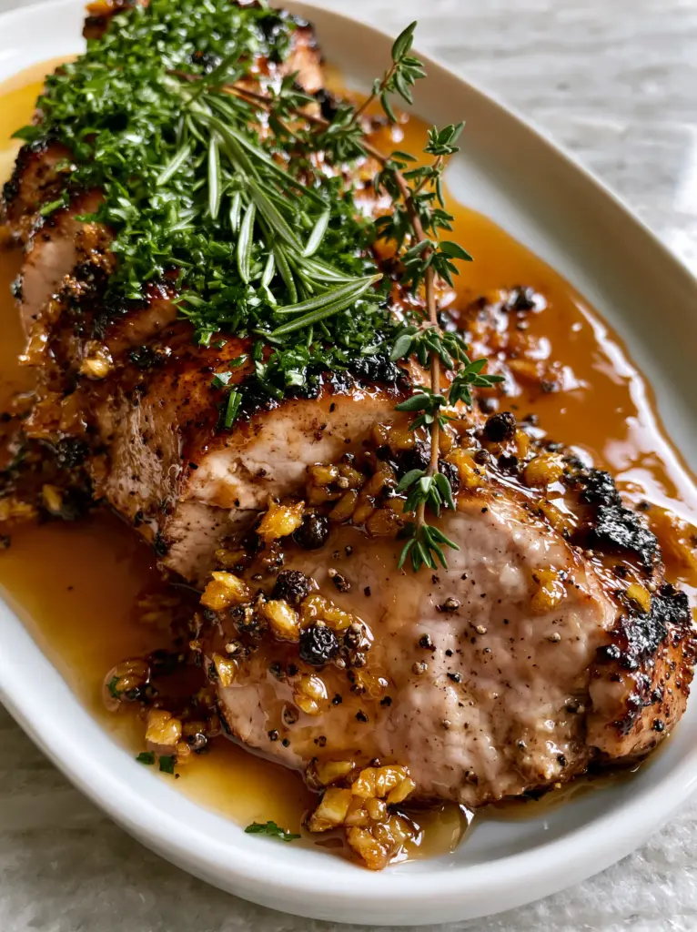 Pork tenderloin dinner with Honey Garlic Butter and Fresh Rosemary 1 Top down view of the pork tenderloin dinner with vibrant fresh rosemary and thyme garnish.