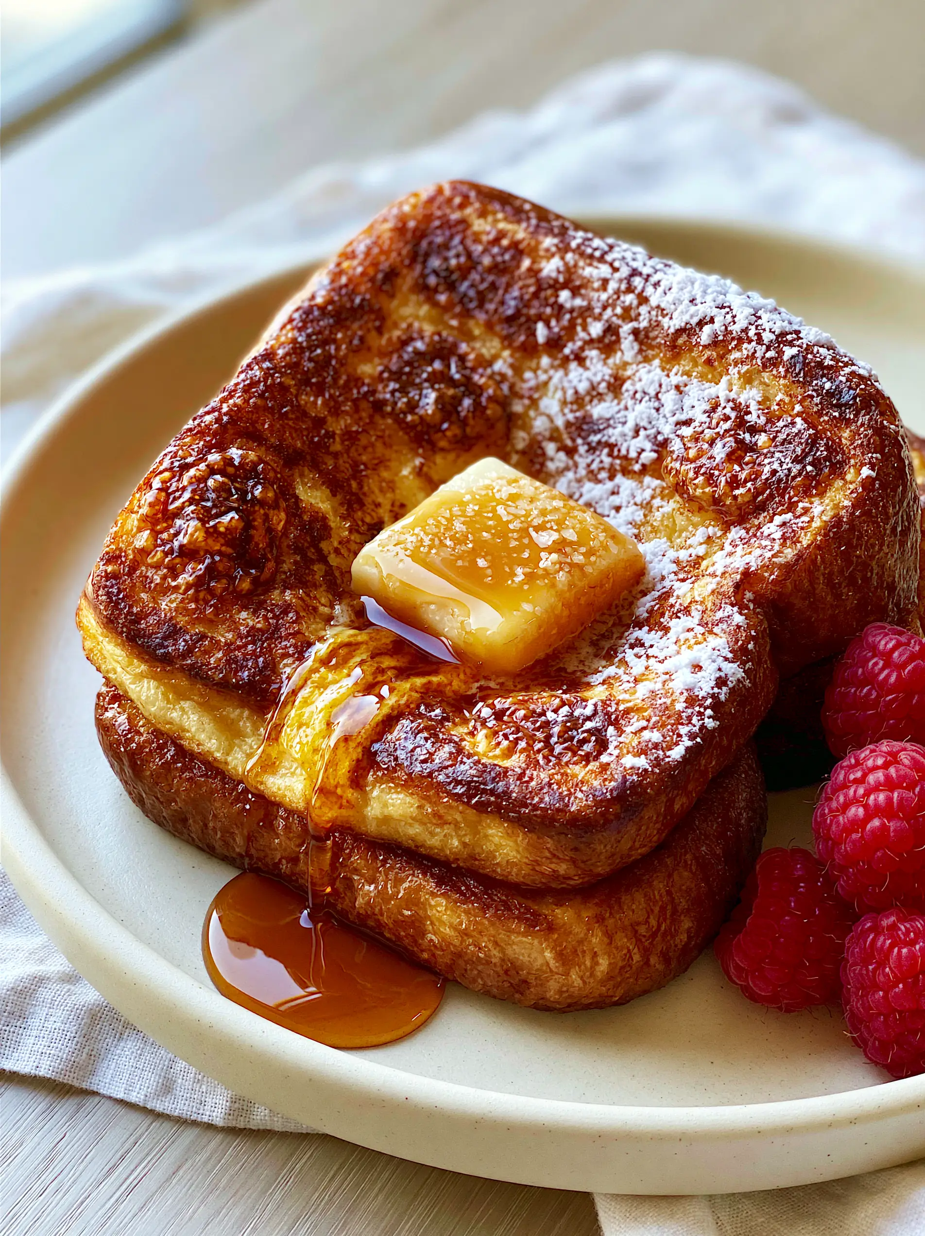 French Toast Ideas for a Restaurant-Quality Caramelized Brioche Brunch 3 Close-up of blistered golden-brown edges on thick-cut French toast with raspberries. (French Toast ideas)