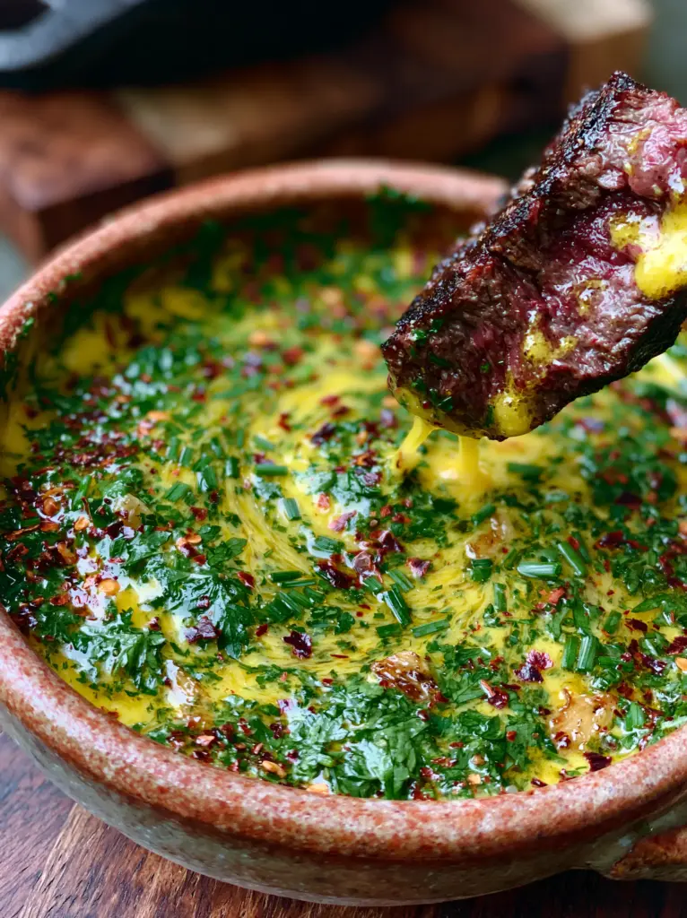 Cowboy Butter Sauce: The Ultimate Bold and Zesty Dipping Sauce for Steak 1 A handheld photo of a steak slice glistening with Cowboy Butter Sauce against a background of a cast iron skillet. (Cowboy Butter Sauce)