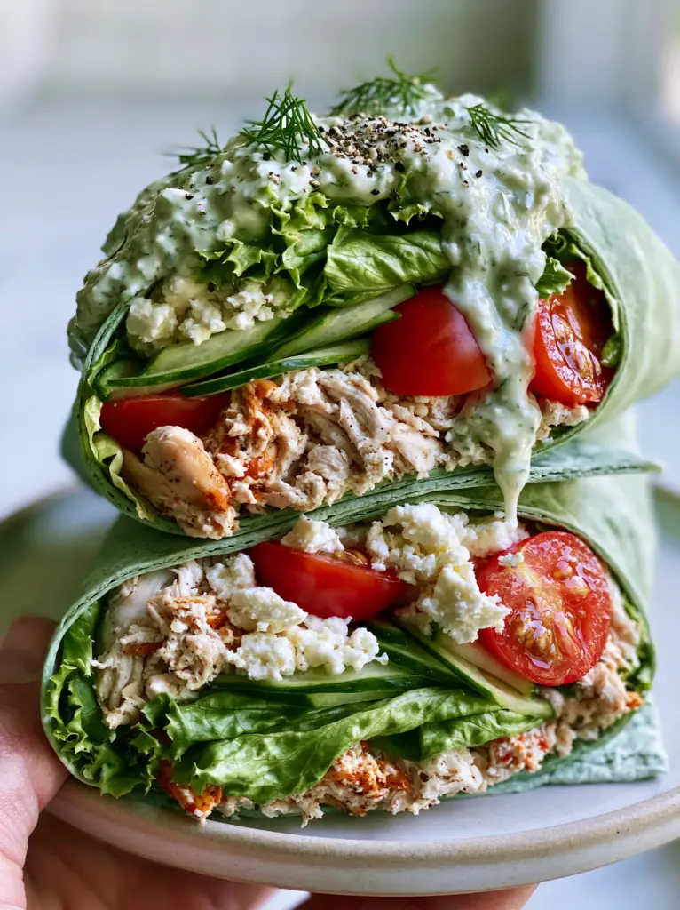 Summer Dinner Ideas: The Ultimate Mediterranean Spinach Wrap with Rotisserie Chicken 1 Close up of garlic-herb tzatziki dripping from a Mediterranean wrap stacked on a white plate.