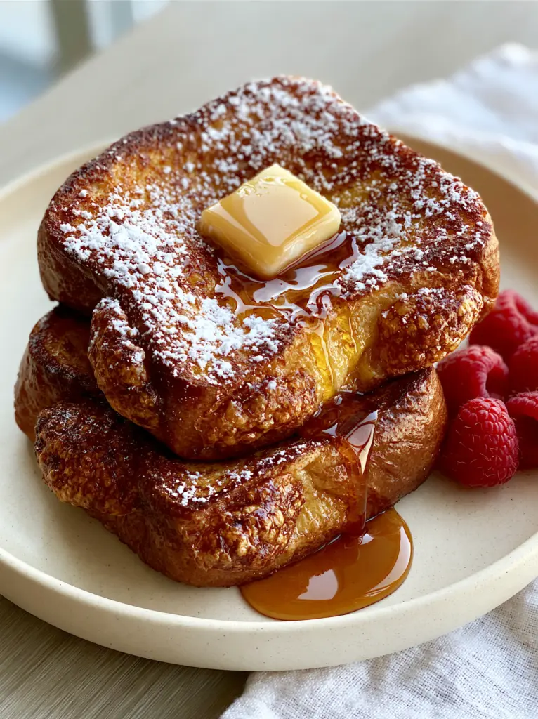 French Toast Ideas for a Restaurant-Quality Caramelized Brioche Brunch 1 A 45-degree angle shot of two thick-cut slices of brioche french toast stacked with maple syrup mid-drip.